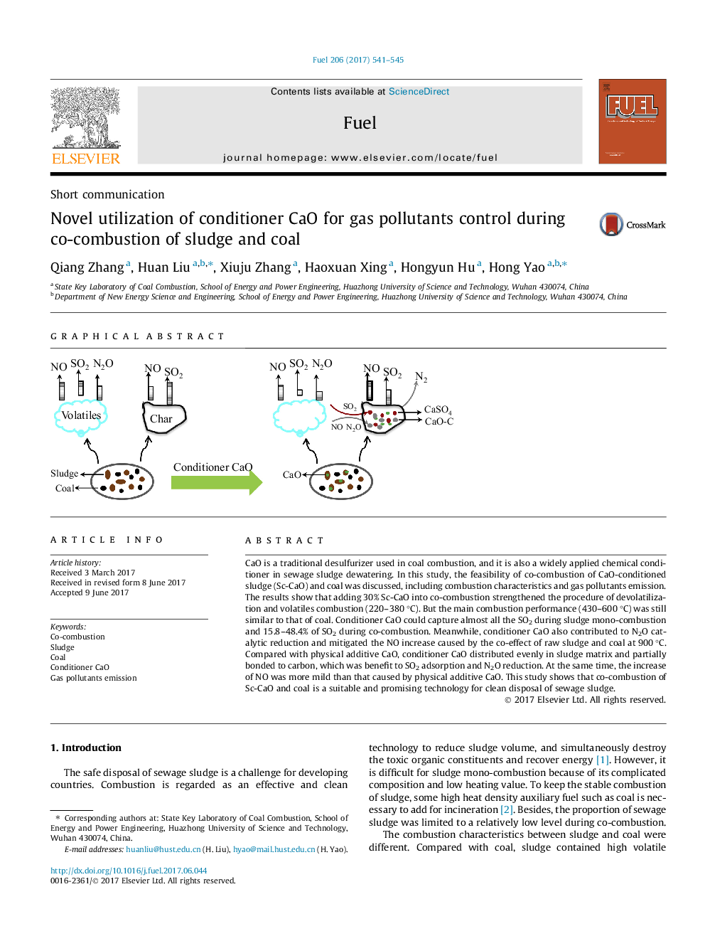 Novel utilization of conditioner CaO for gas pollutants control during co-combustion of sludge and coal