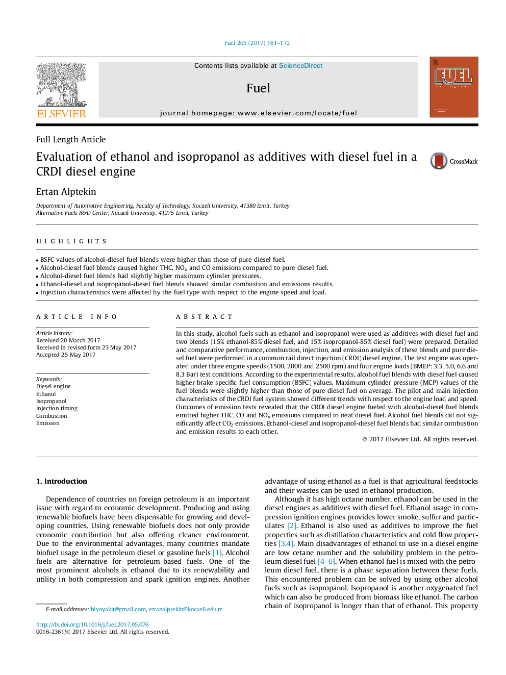 Evaluation of ethanol and isopropanol as additives with diesel fuel in a CRDI diesel engine