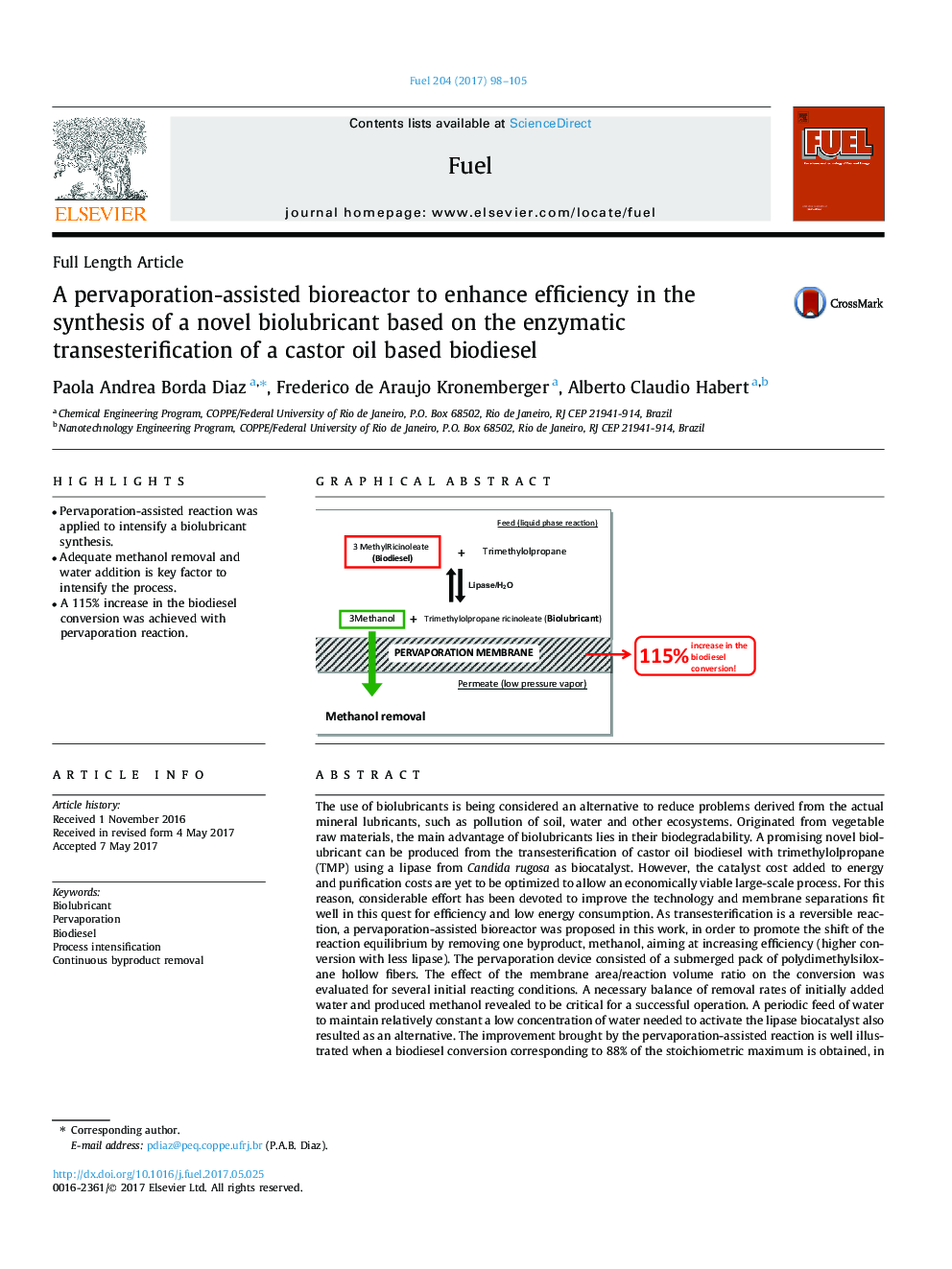 A pervaporation-assisted bioreactor to enhance efficiency in the synthesis of a novel biolubricant based on the enzymatic transesterification of a castor oil based biodiesel