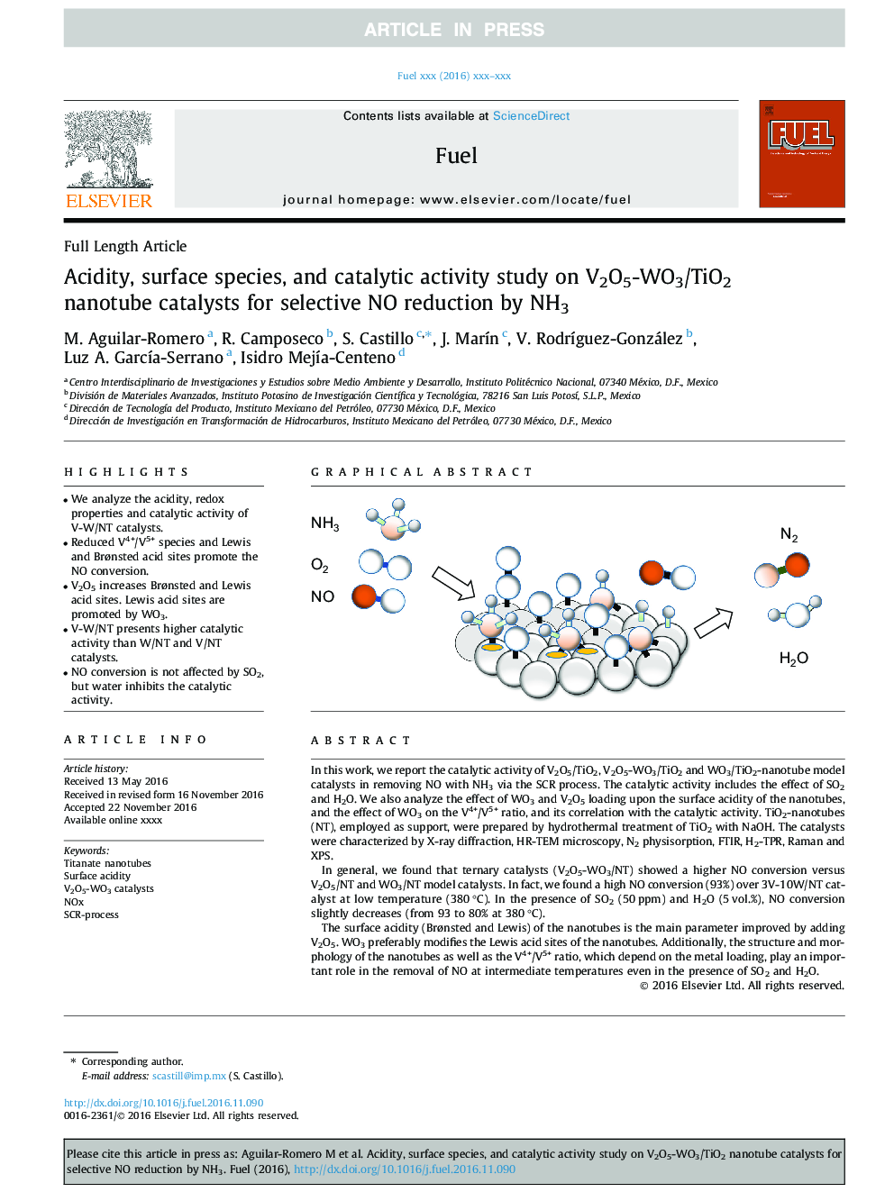 عکس صفحه اول مقاله: Acidity, surface species, and catalytic activity study on V2O5-WO3/TiO2 nanotube catalysts for selective NO reduction by NH3 Acidity, surface species, and catalytic activity study on V2O5-WO3/TiO2 nanotube catalysts for selective NO reduction by NH3