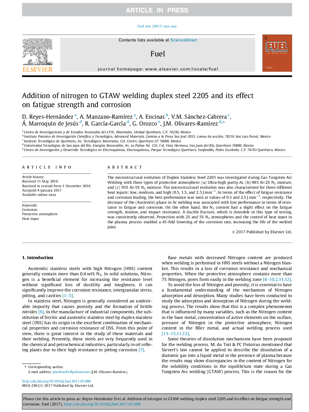 Addition of nitrogen to GTAW welding duplex steel 2205 and its effect on fatigue strength and corrosion