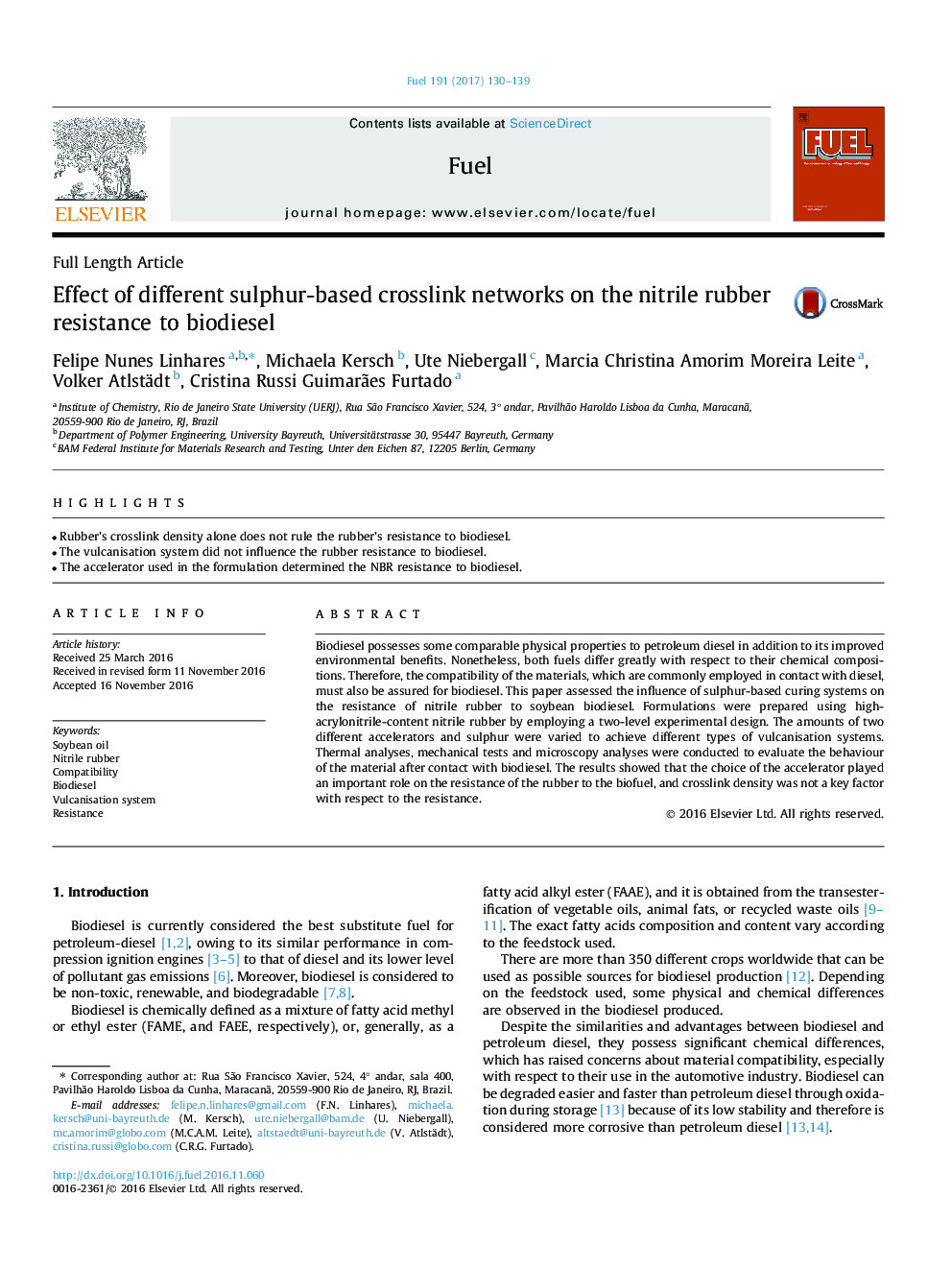 Effect of different sulphur-based crosslink networks on the nitrile rubber resistance to biodiesel