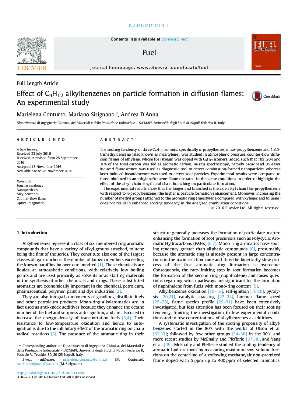 Effect of C9H12 alkylbenzenes on particle formation in diffusion flames: An experimental study