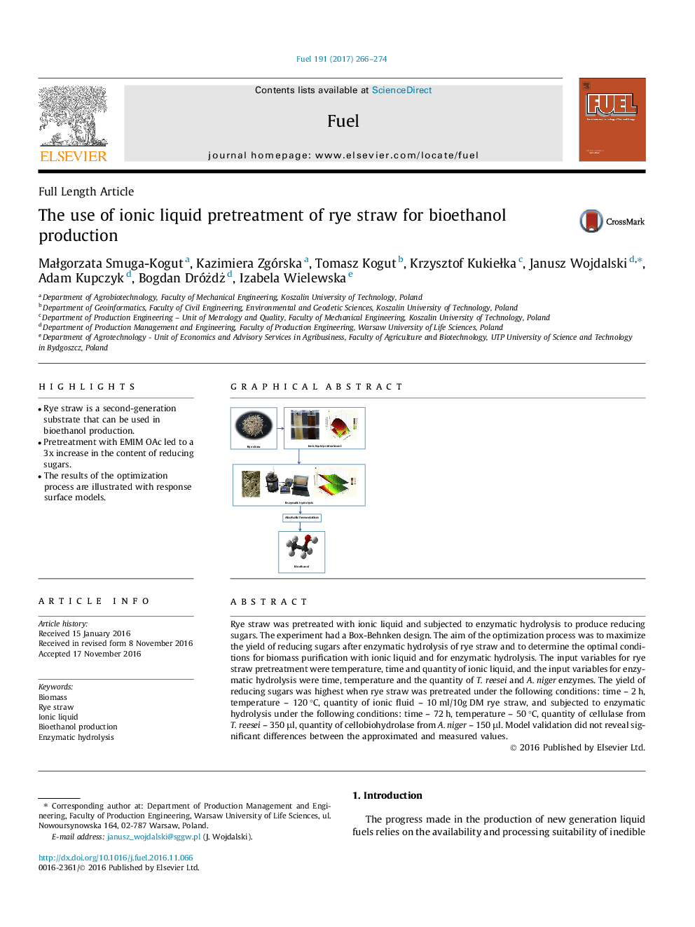 The use of ionic liquid pretreatment of rye straw for bioethanol production