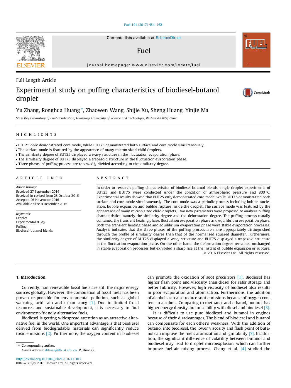 Experimental study on puffing characteristics of biodiesel-butanol droplet