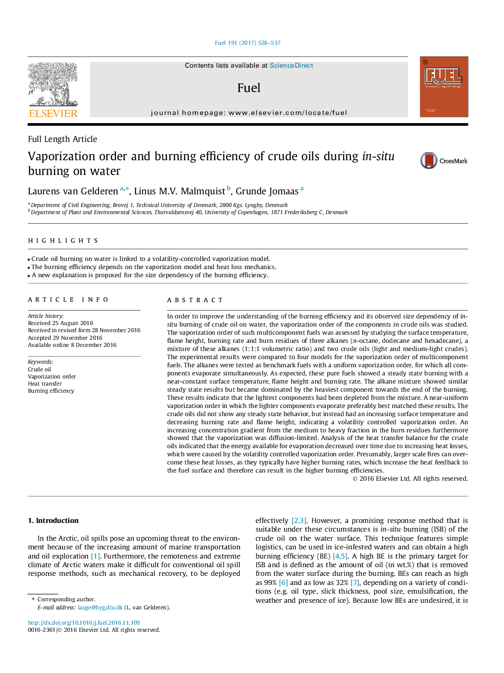 Vaporization order and burning efficiency of crude oils during in-situ burning on water