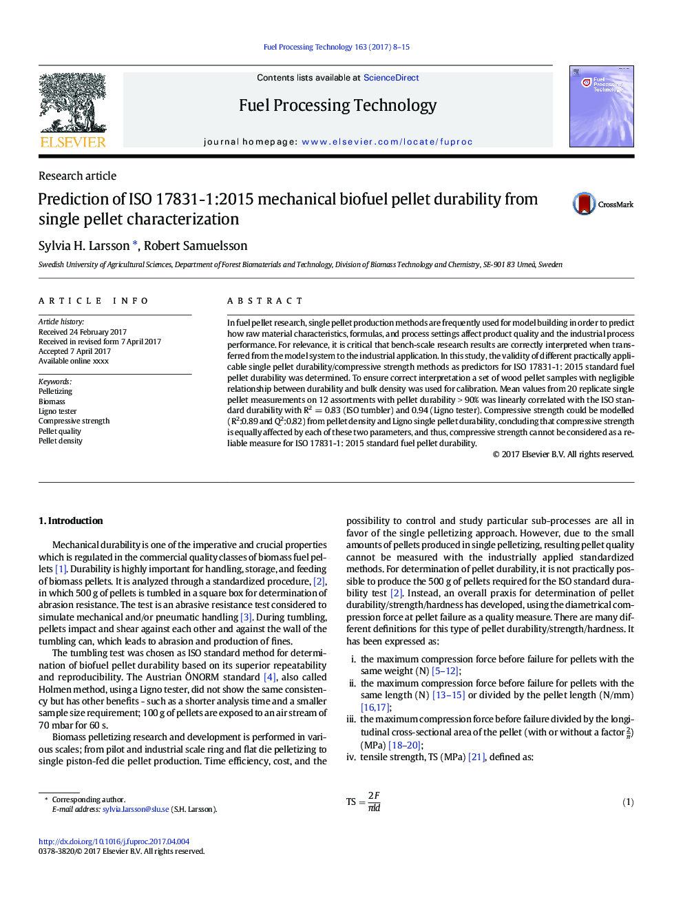 Prediction of ISO 17831-1:2015 mechanical biofuel pellet durability from single pellet characterization