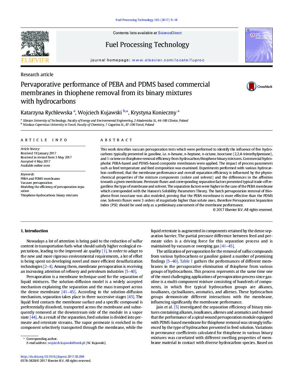 عکس صفحه اول مقاله: Pervaporative performance of PEBA and PDMS based commercial membranes in thiophene removal from its binary mixtures with hydrocarbons Pervaporative performance of PEBA and PDMS based commercial membranes in thiophene removal from its binary mixtures with hydrocarbons