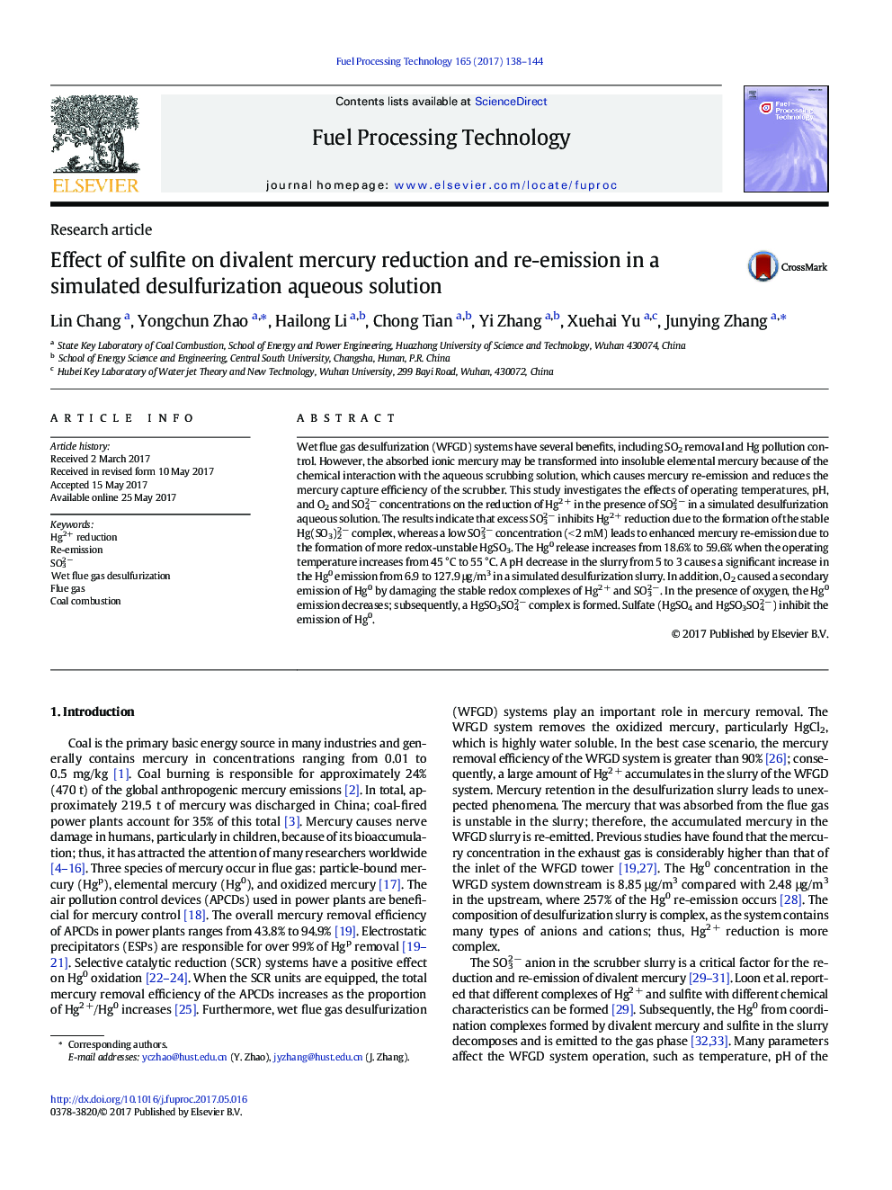 Effect of sulfite on divalent mercury reduction and re-emission in a simulated desulfurization aqueous solution