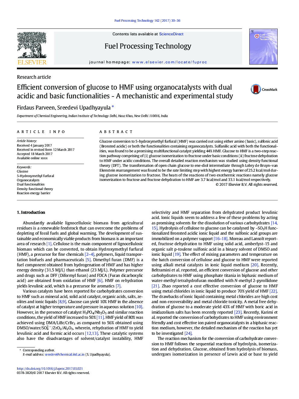عکس صفحه اول مقاله: Efficient conversion of glucose to HMF using organocatalysts with dual acidic and basic functionalities - A mechanistic and experimental study Efficient conversion of glucose to HMF using organocatalysts with dual acidic and basic functionalities - A mechanistic and experimental study