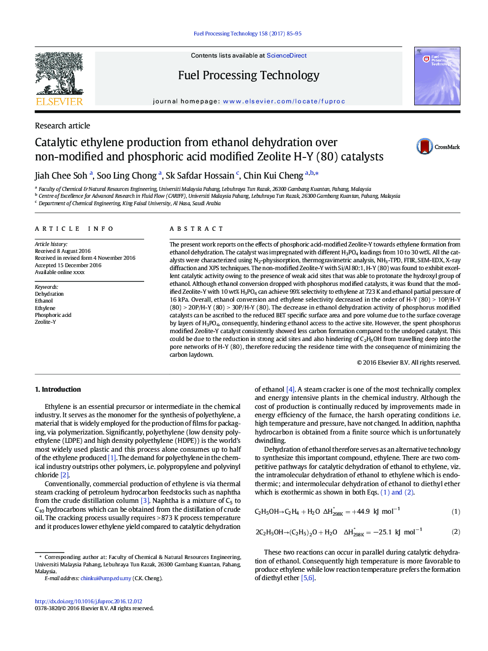 Catalytic ethylene production from ethanol dehydration over non-modified and phosphoric acid modified Zeolite H-Y (80) catalysts