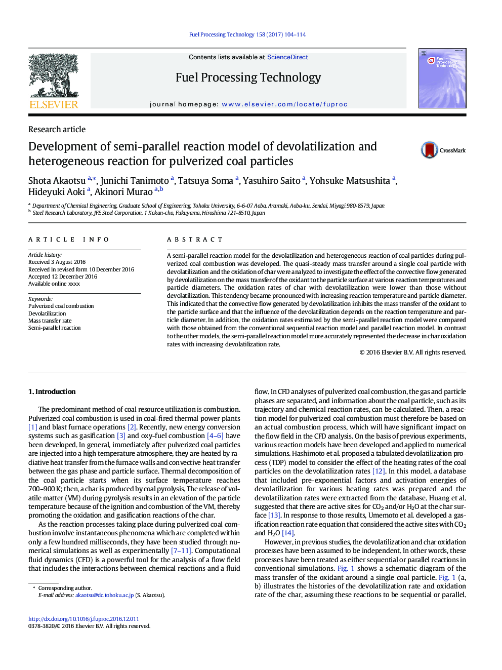 Development of semi-parallel reaction model of devolatilization and heterogeneous reaction for pulverized coal particles