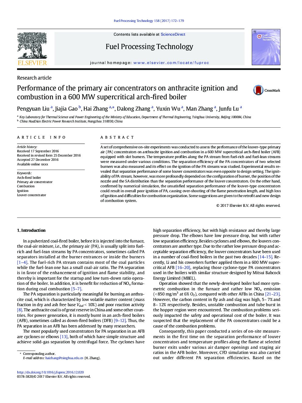 Performance of the primary air concentrators on anthracite ignition and combustion in a 600Â MW supercritical arch-fired boiler