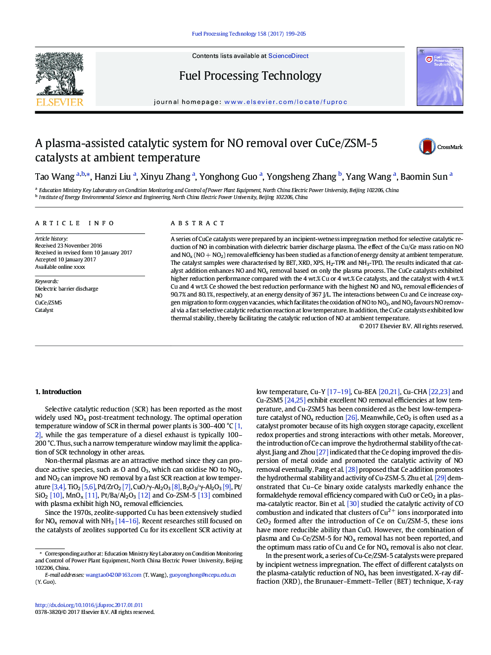A plasma-assisted catalytic system for NO removal over CuCe/ZSM-5 catalysts at ambient temperature