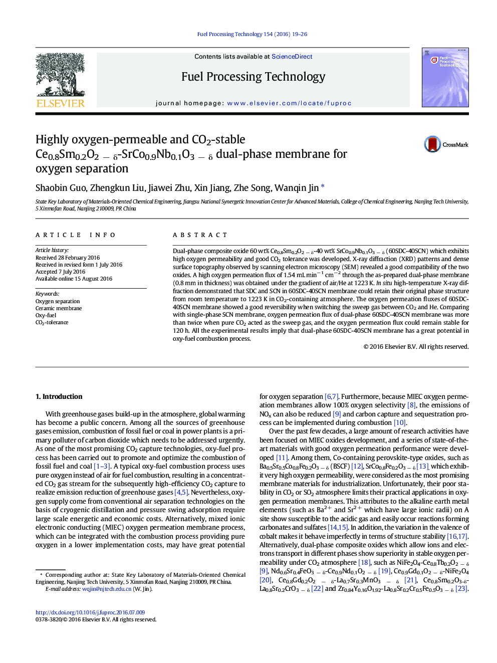 Highly oxygen-permeable and CO2-stable Ce0.8Sm0.2O2Â âÂ Î´-SrCo0.9Nb0.1O3Â âÂ Î´ dual-phase membrane for oxygen separation