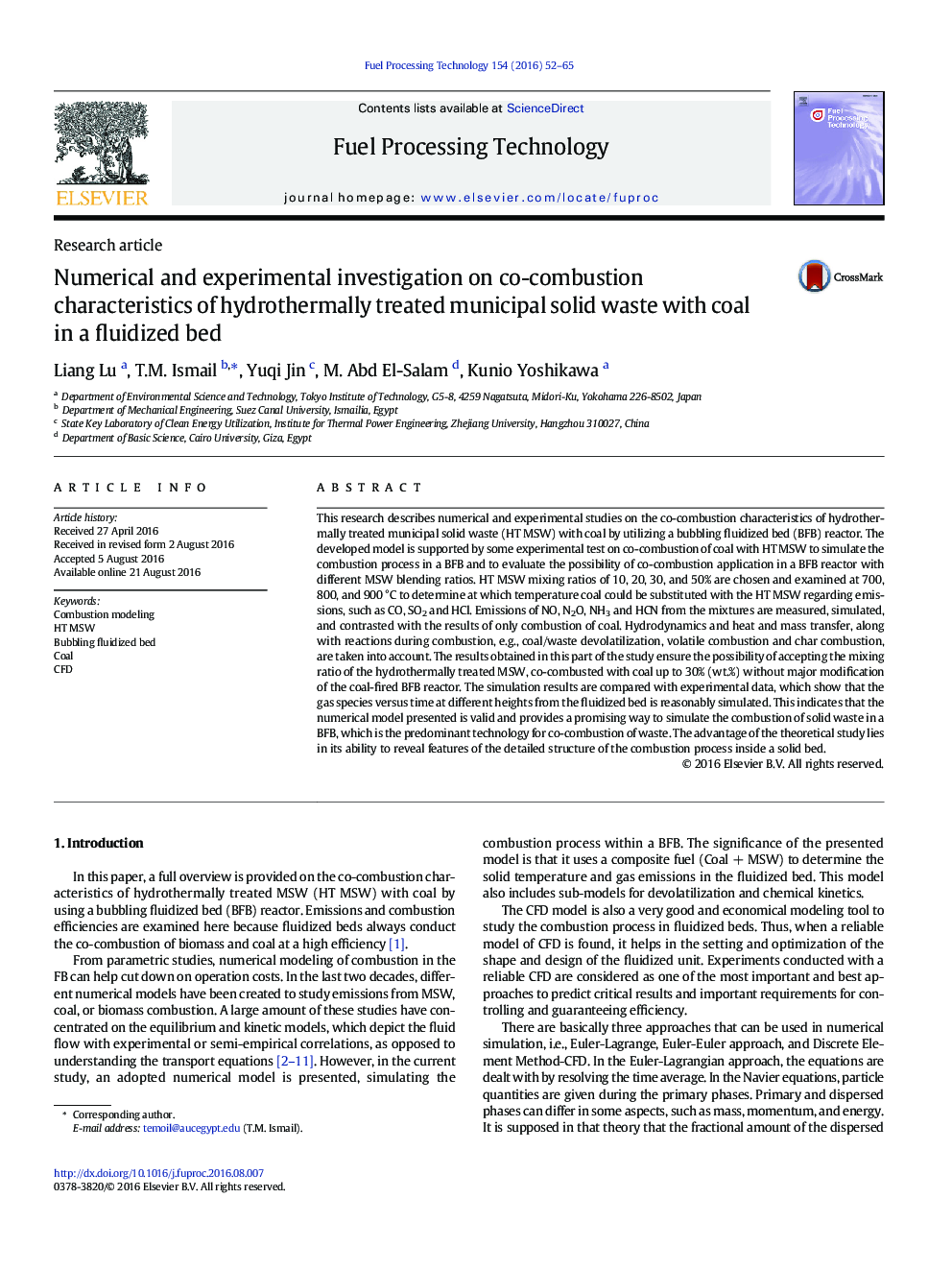 Numerical and experimental investigation on co-combustion characteristics of hydrothermally treated municipal solid waste with coal in a fluidized bed