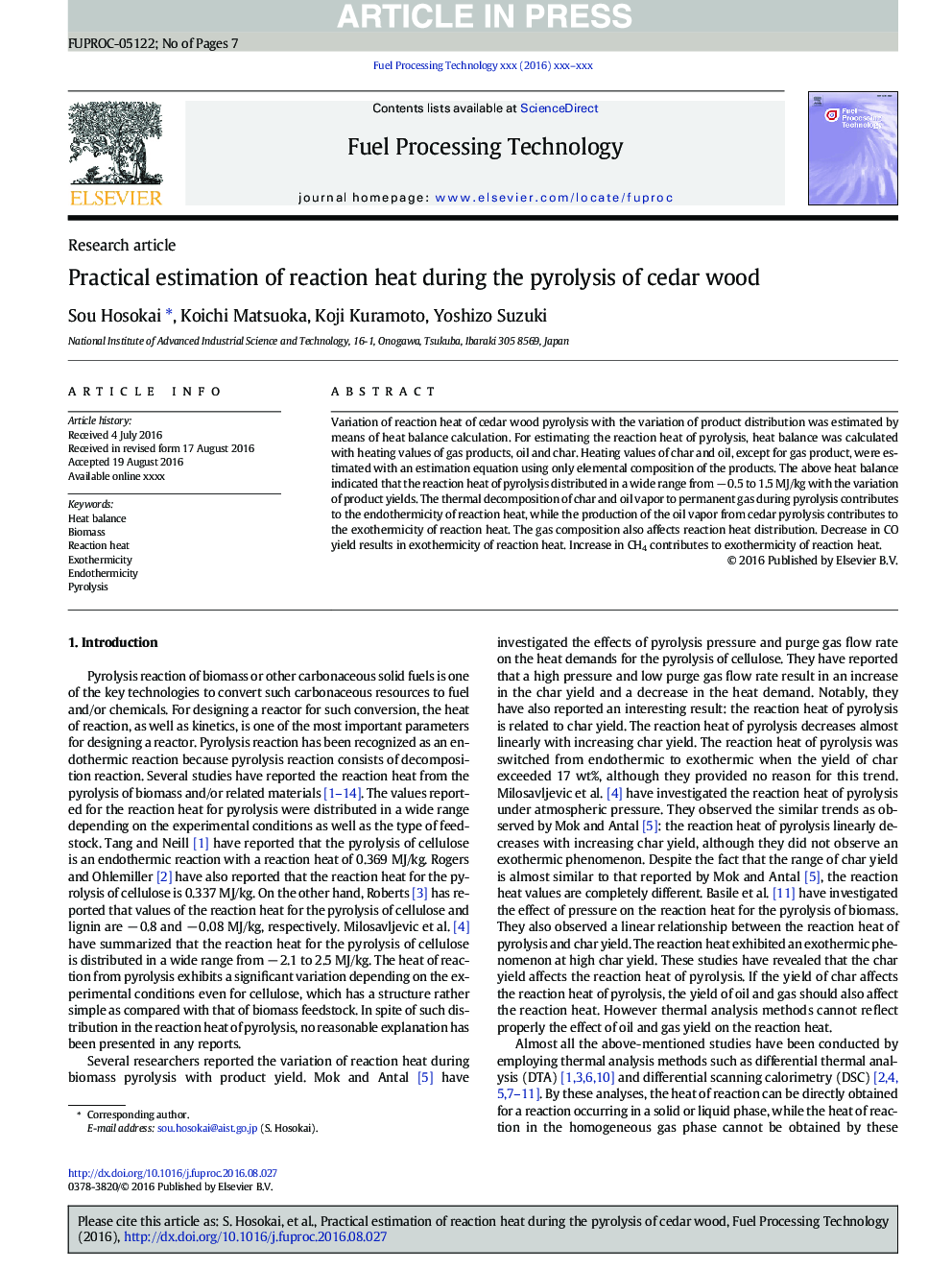 Practical estimation of reaction heat during the pyrolysis of cedar wood