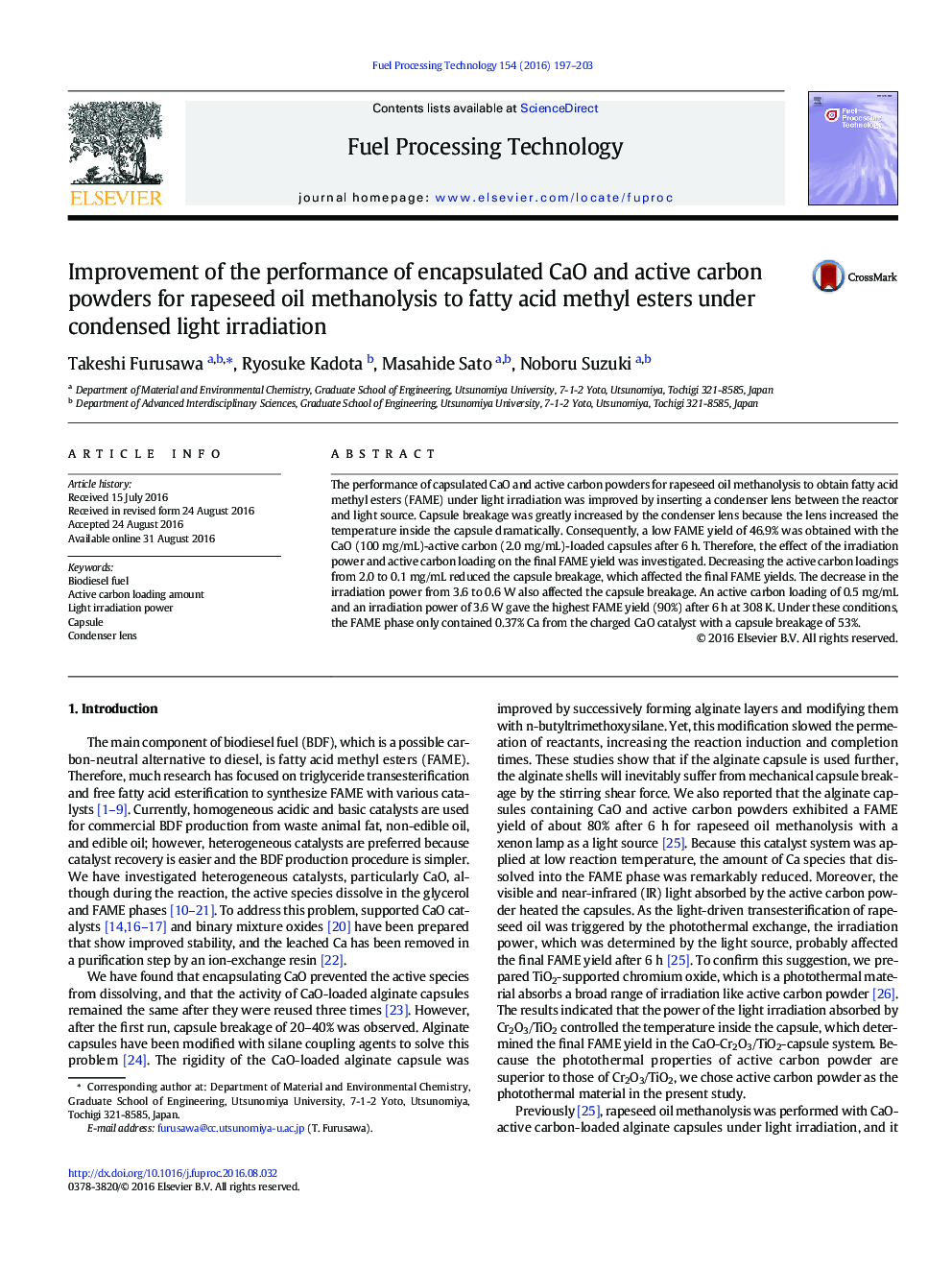 بهبود عملکرد پودر کربن و کربن فعال برای متانولیز روغن کلزا به متیل استرهای اسید چرب تحت نور خمیده 