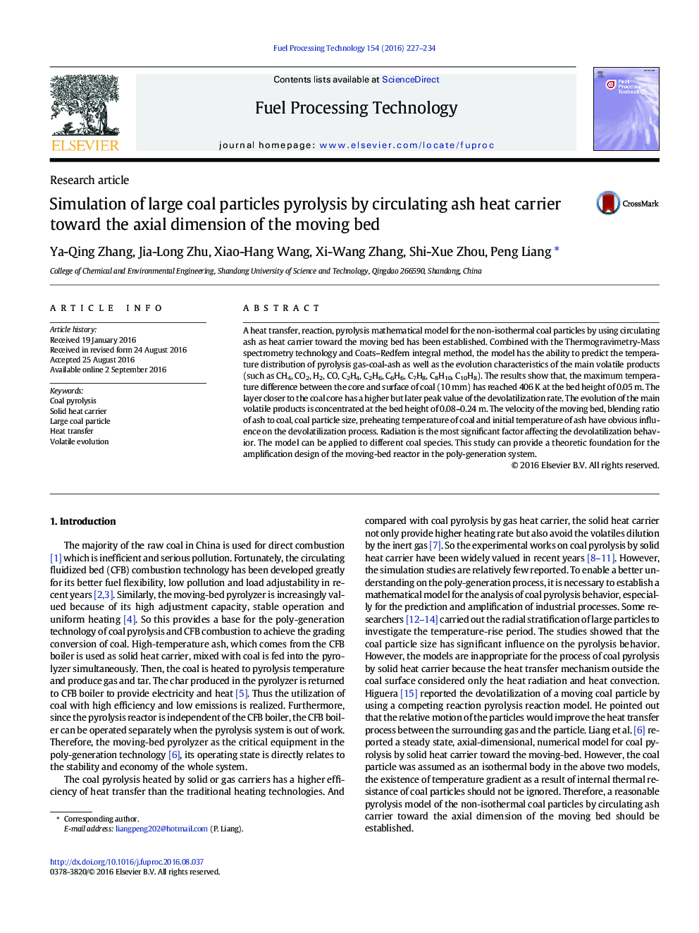 Simulation of large coal particles pyrolysis by circulating ash heat carrier toward the axial dimension of the moving bed