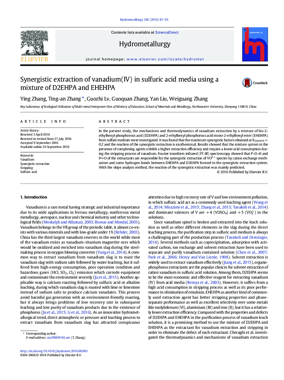 Synergistic extraction of vanadium(IV) in sulfuric acid media using a mixture of D2EHPA and EHEHPA