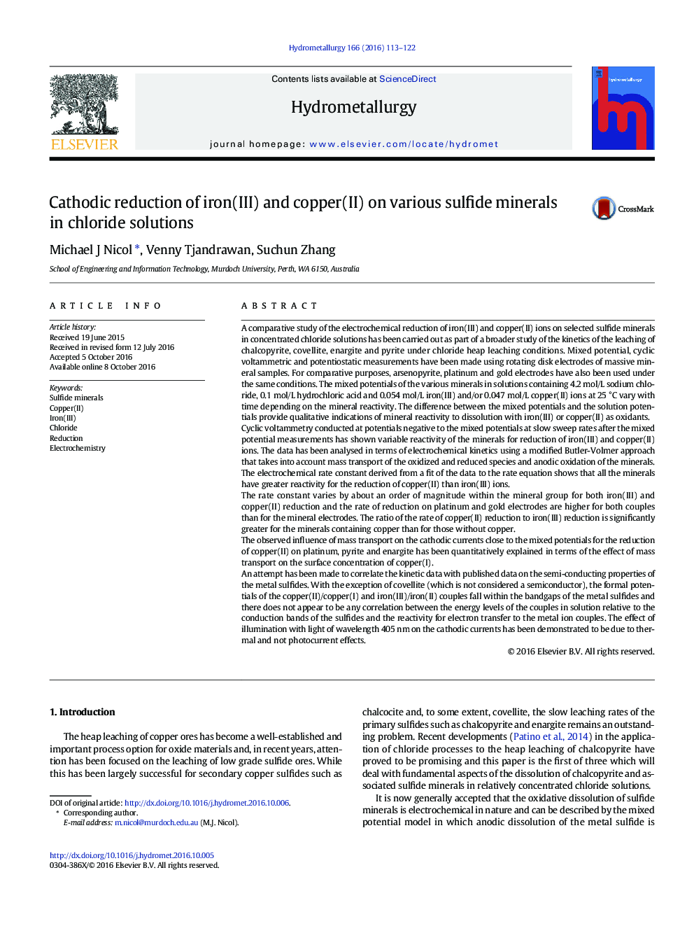 Cathodic reduction of iron(III) and copper(II) on various sulfide minerals in chloride solutions