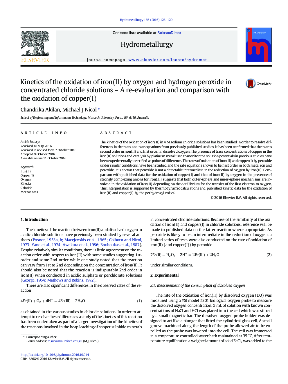 Kinetics of the oxidation of iron(II) by oxygen and hydrogen peroxide in concentrated chloride solutions - A re-evaluation and comparison with the oxidation of copper(I)