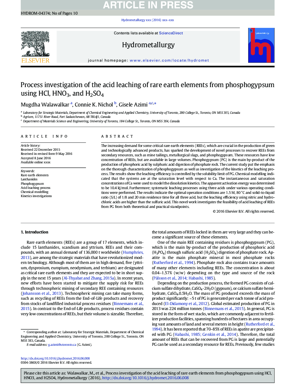 Process investigation of the acid leaching of rare earth elements from phosphogypsum using HCl, HNO3, and H2SO4