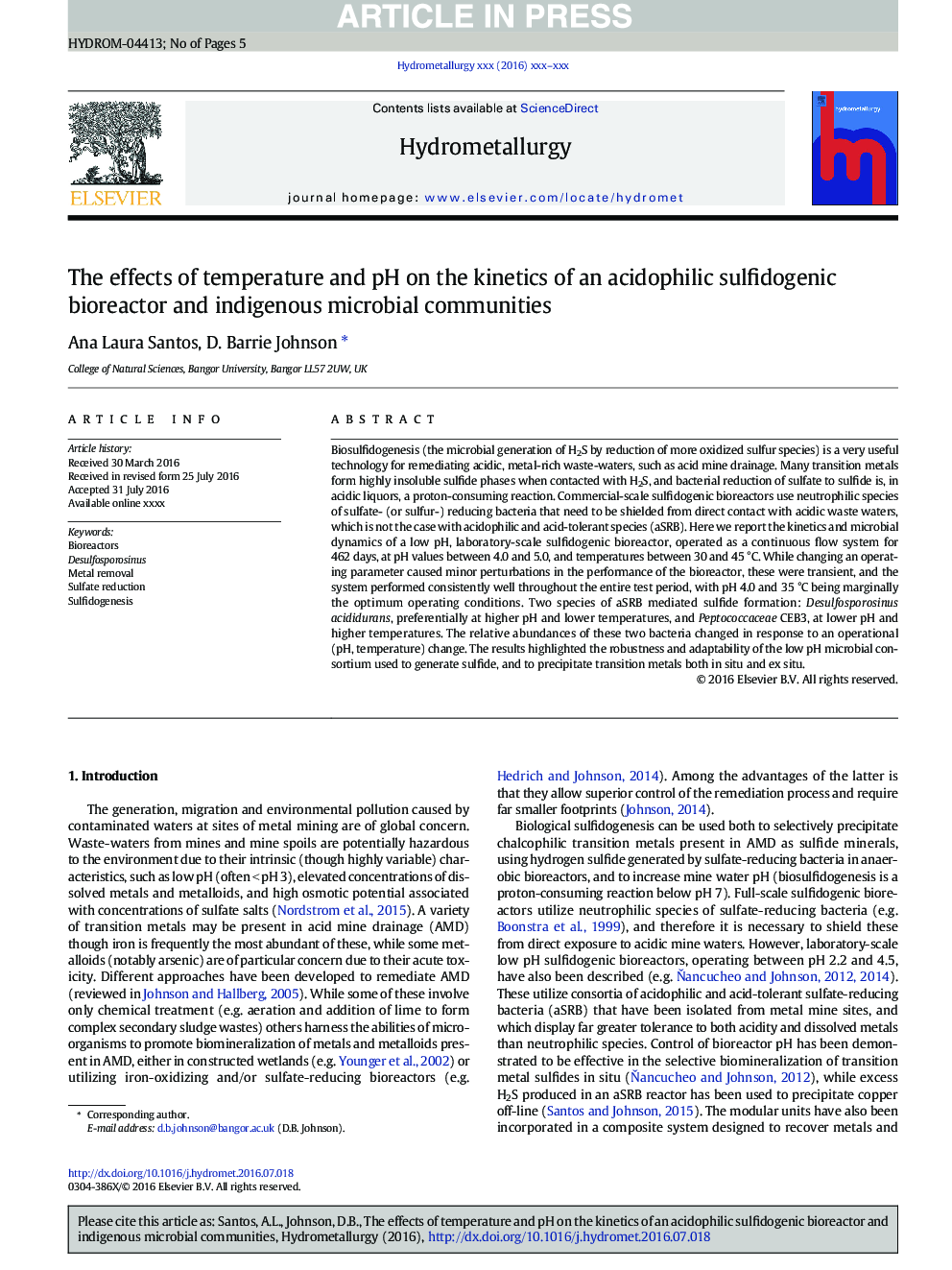 The effects of temperature and pH on the kinetics of an acidophilic sulfidogenic bioreactor and indigenous microbial communities