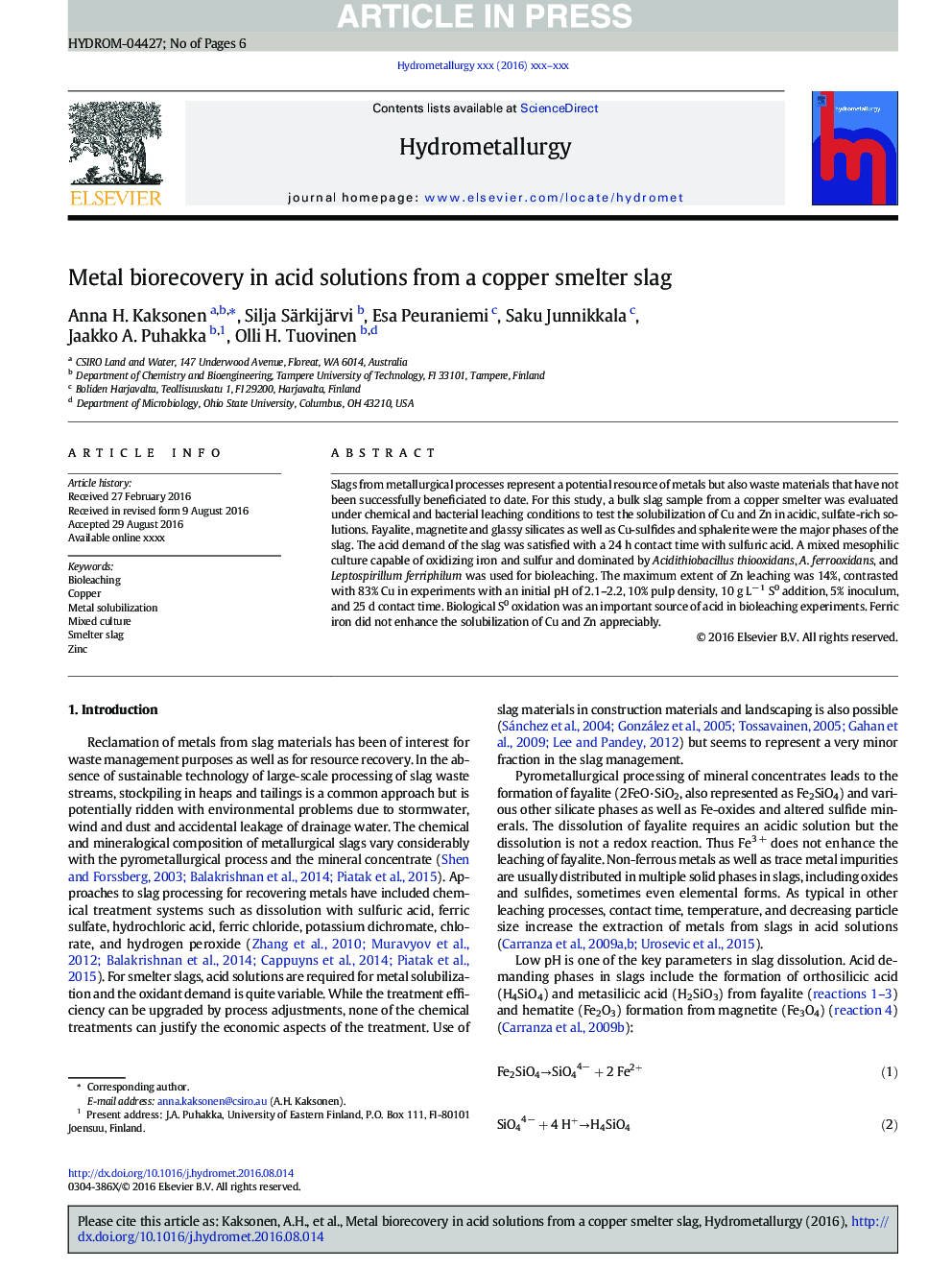 Metal biorecovery in acid solutions from a copper smelter slag