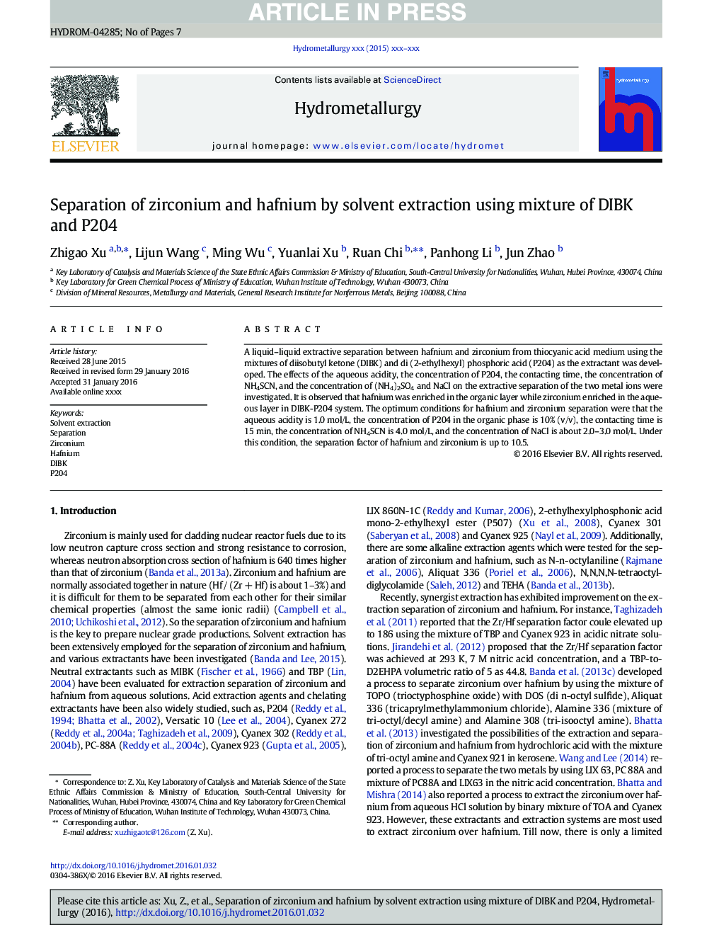 Separation of zirconium and hafnium by solvent extraction using mixture of DIBK and P204