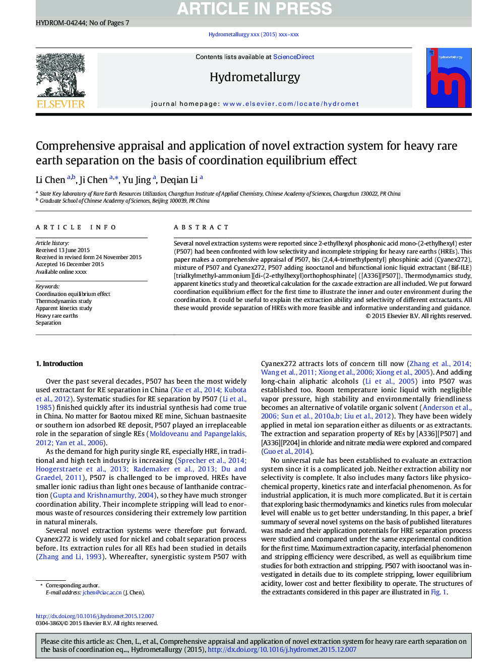Comprehensive appraisal and application of novel extraction system for heavy rare earth separation on the basis of coordination equilibrium effect