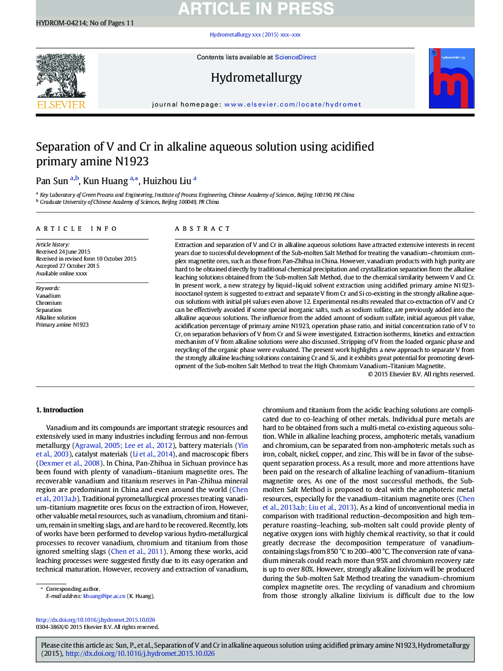 Separation of V and Cr in alkaline aqueous solution using acidified primary amine N1923