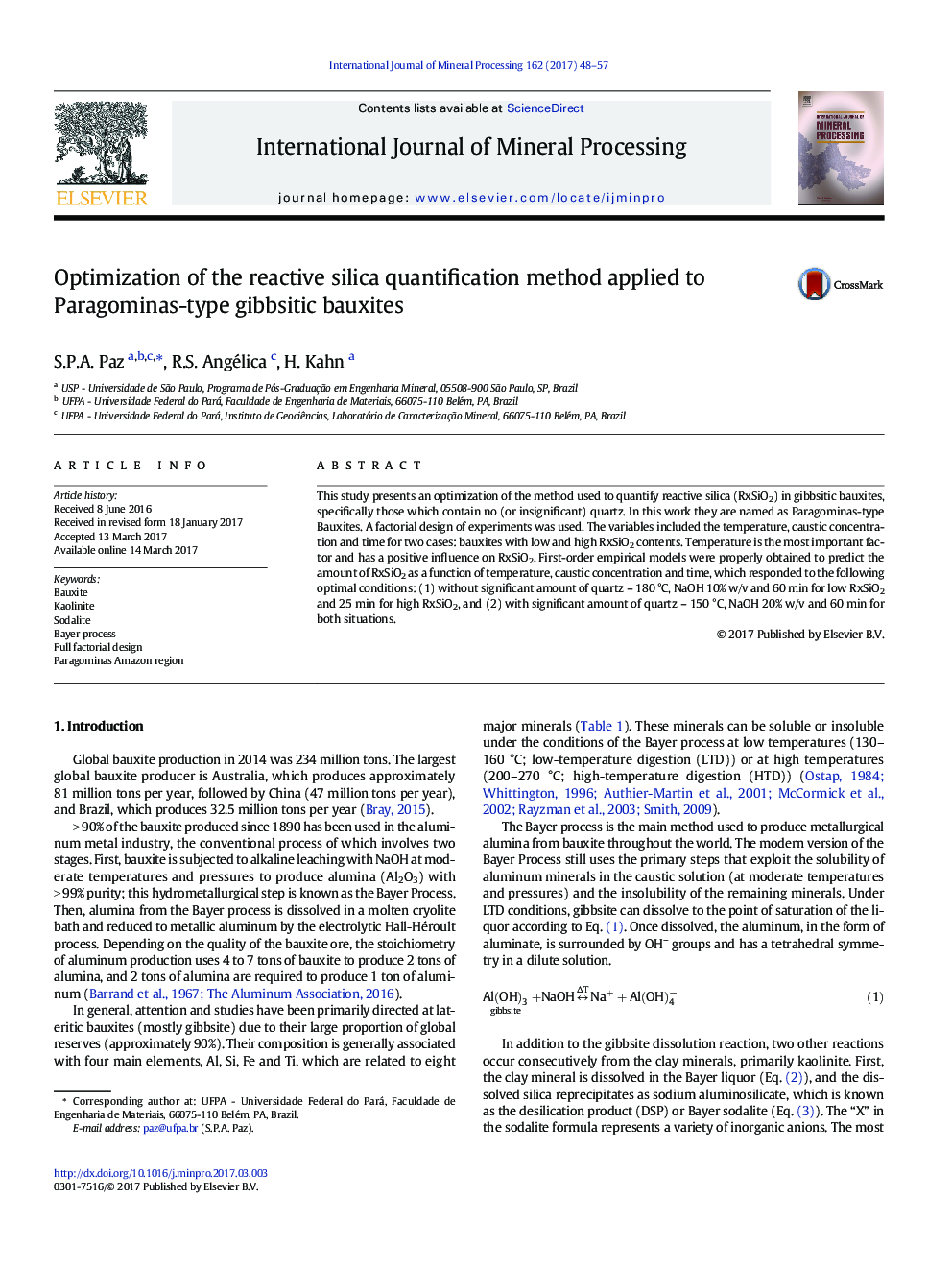 Optimization of the reactive silica quantification method applied to Paragominas-type gibbsitic bauxites