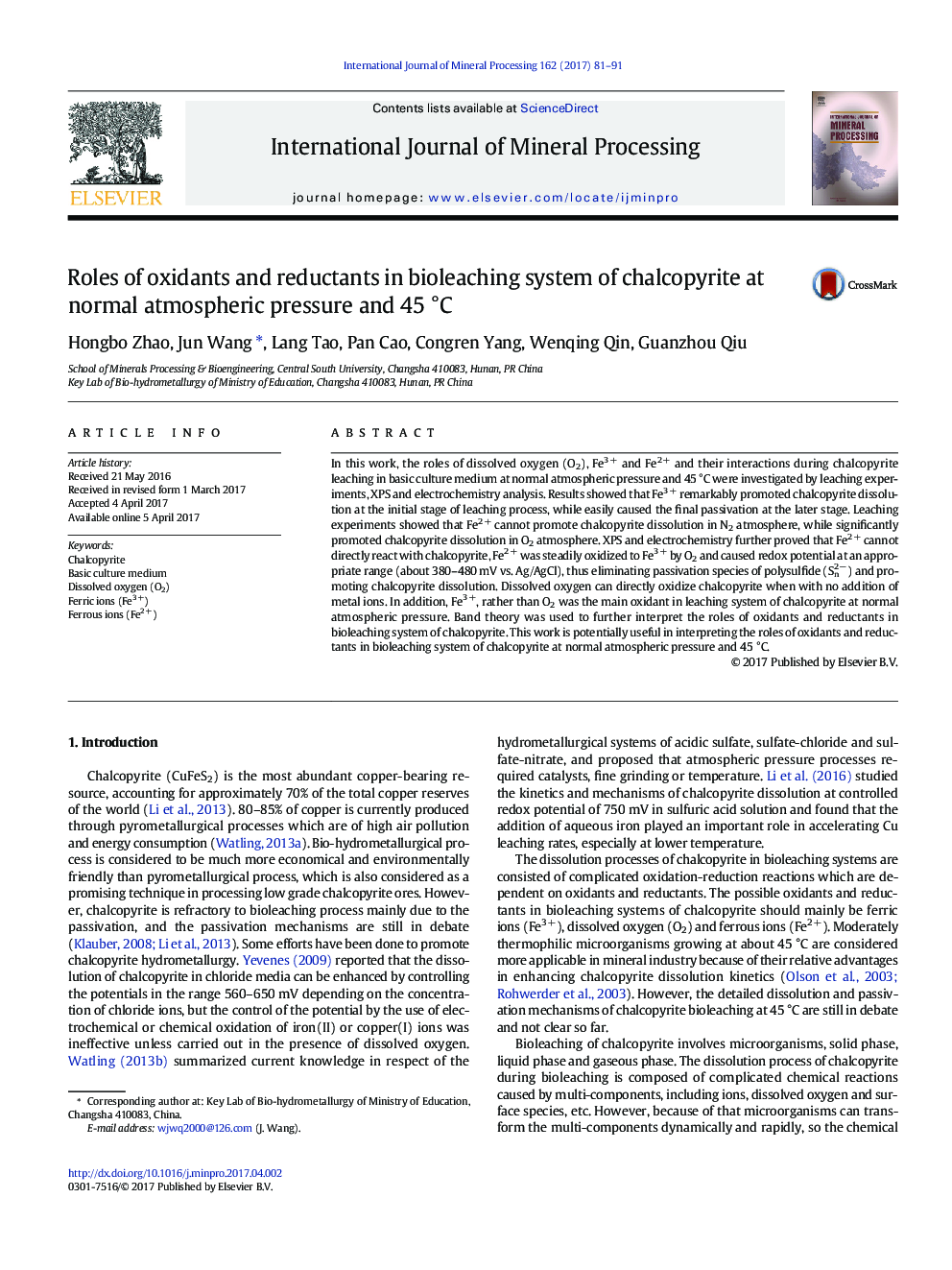 Roles of oxidants and reductants in bioleaching system of chalcopyrite at normal atmospheric pressure and 45Â Â°C