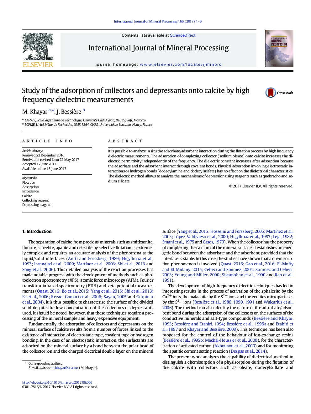 Study of the adsorption of collectors and depressants onto calcite by high frequency dielectric measurements