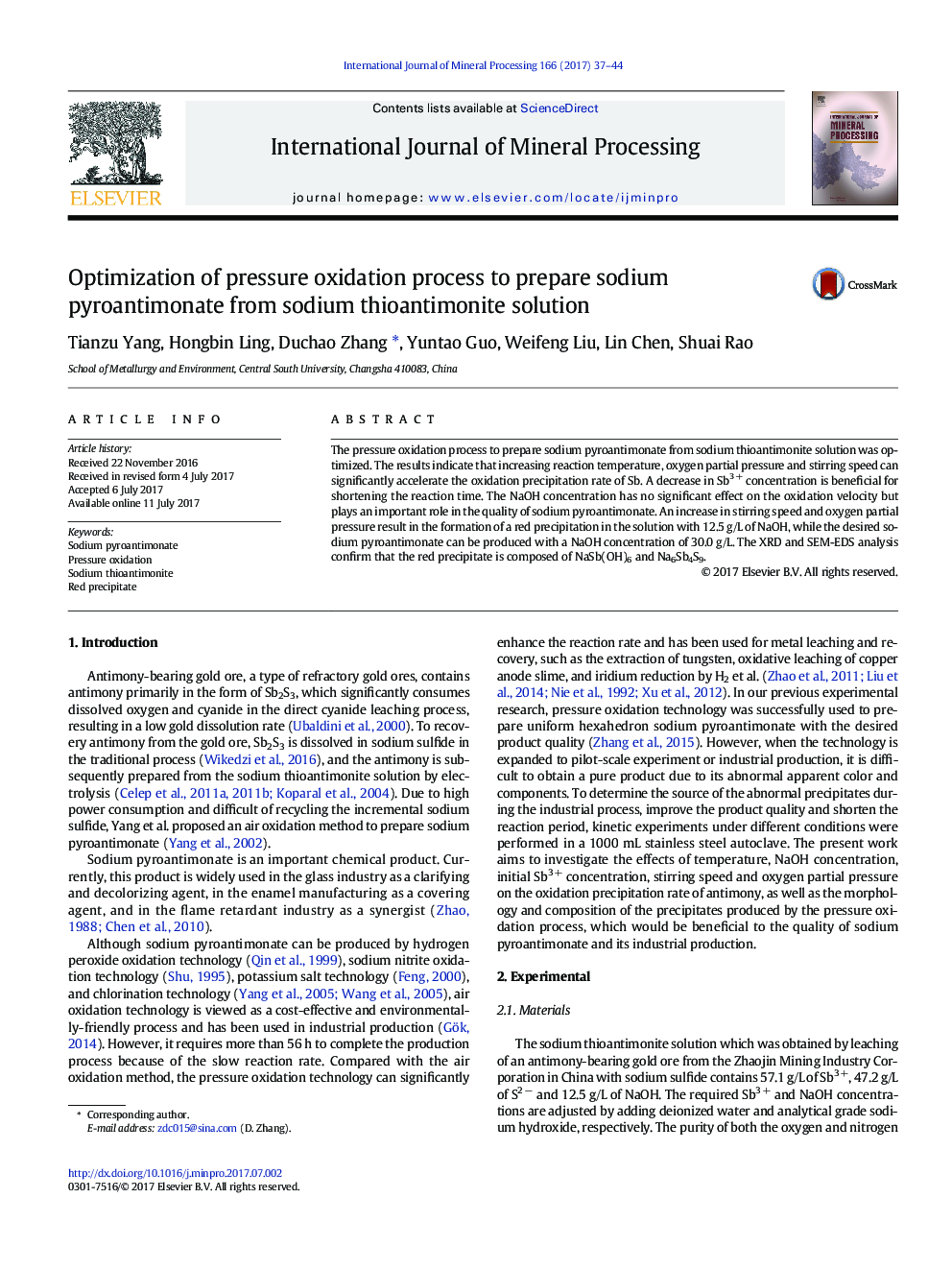 Optimization of pressure oxidation process to prepare sodium pyroantimonate from sodium thioantimonite solution