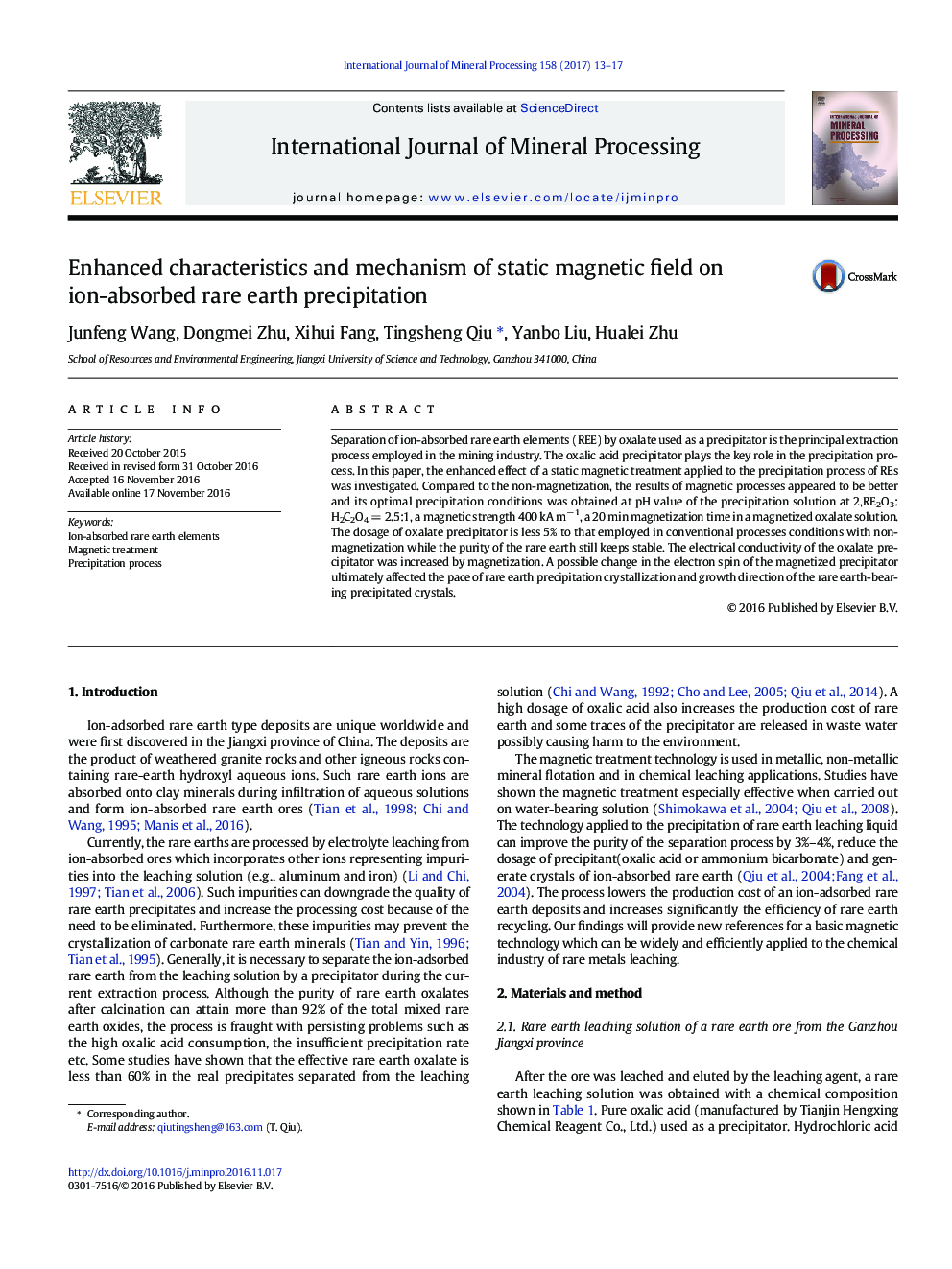 Enhanced characteristics and mechanism of static magnetic field on ion-absorbed rare earth precipitation