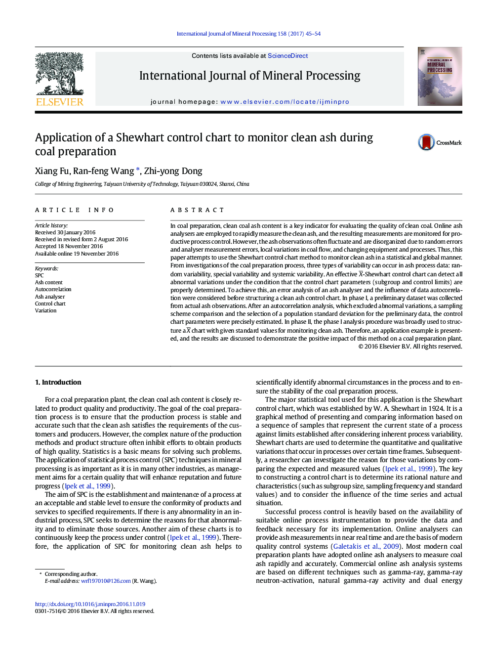 Application of a Shewhart control chart to monitor clean ash during coal preparation