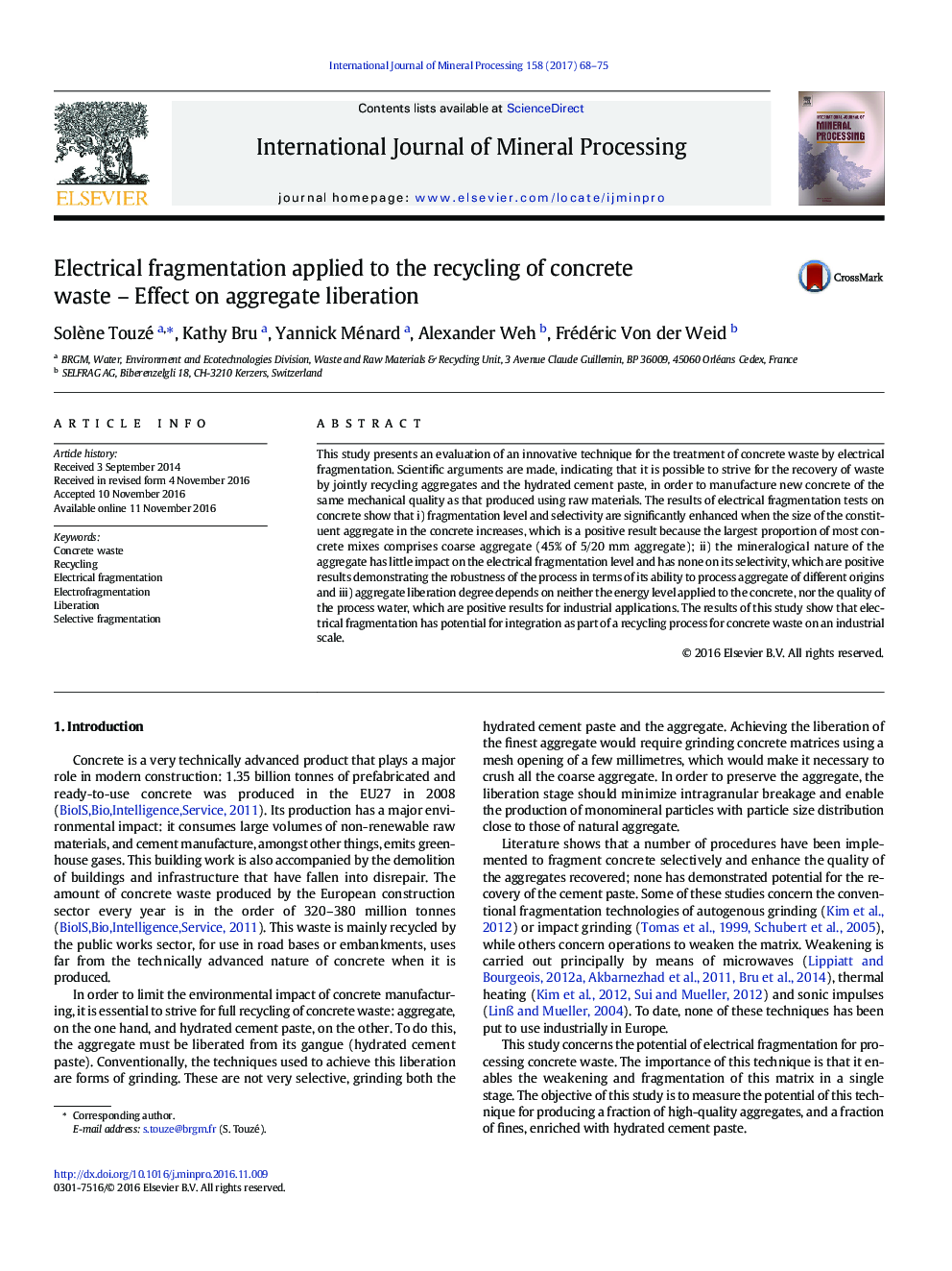 Electrical fragmentation applied to the recycling of concrete waste - Effect on aggregate liberation