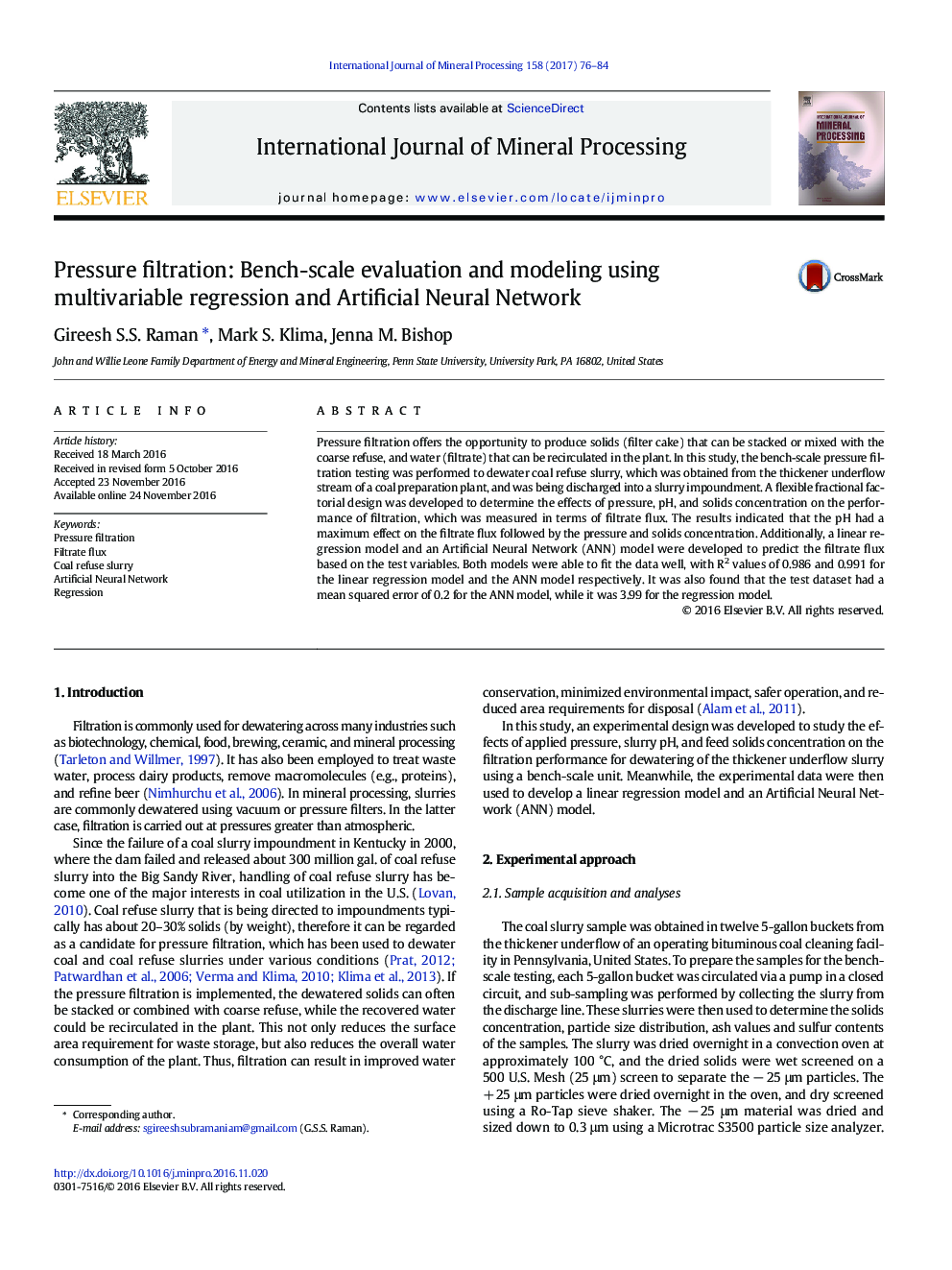 Pressure filtration: Bench-scale evaluation and modeling using multivariable regression and Artificial Neural Network