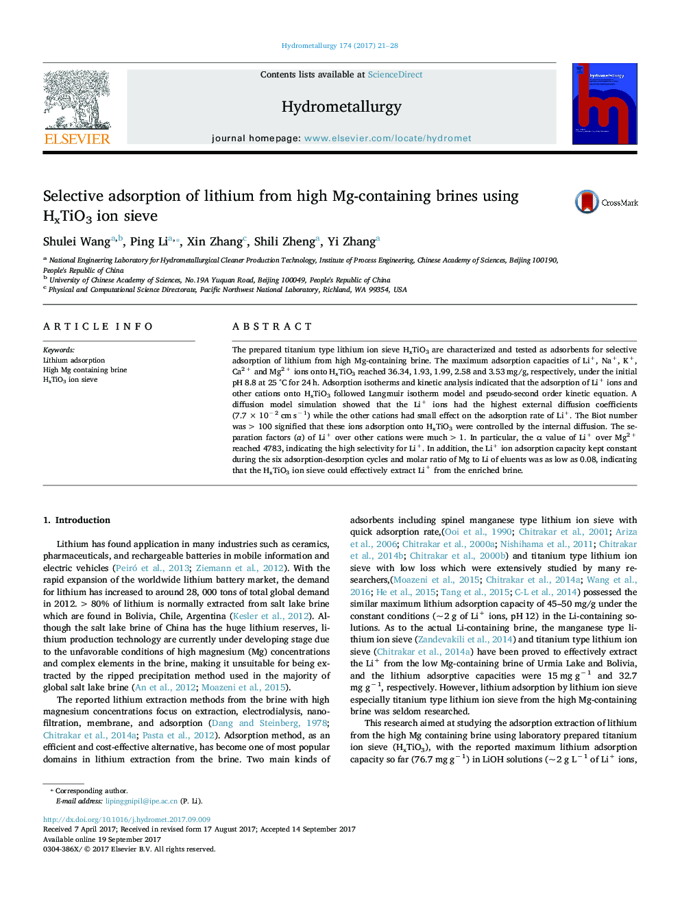 Selective adsorption of lithium from high Mg-containing brines using HxTiO3 ion sieve