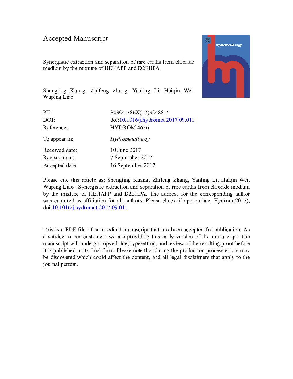 Synergistic extraction and separation of rare earths from chloride medium by the mixture of HEHAPP and D2EHPA