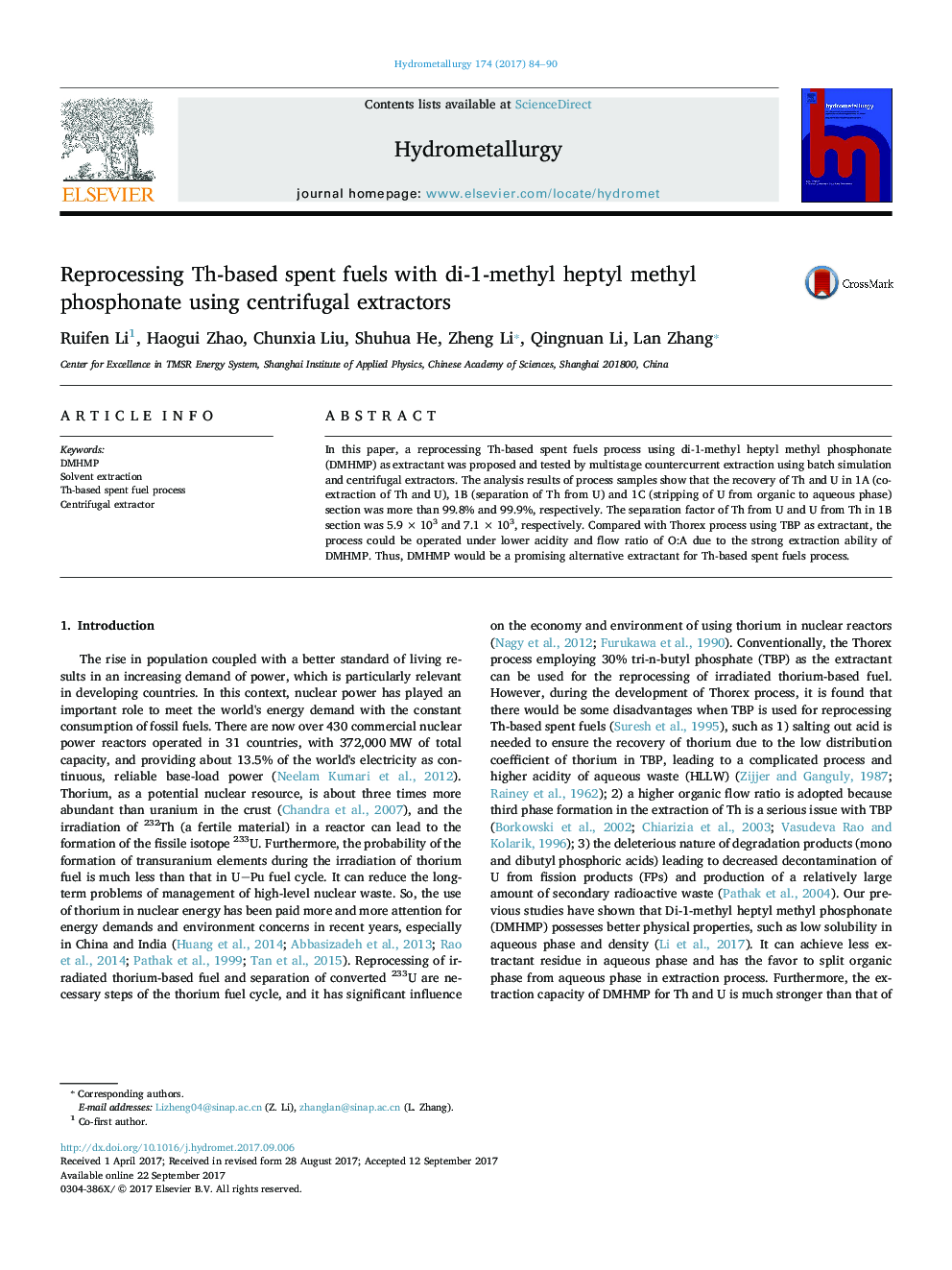 Reprocessing Th-based spent fuels with di-1-methyl heptyl methyl phosphonate using centrifugal extractors