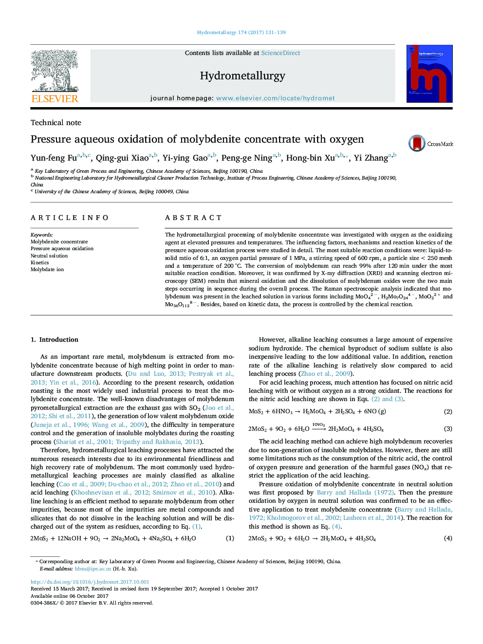 Pressure aqueous oxidation of molybdenite concentrate with oxygen