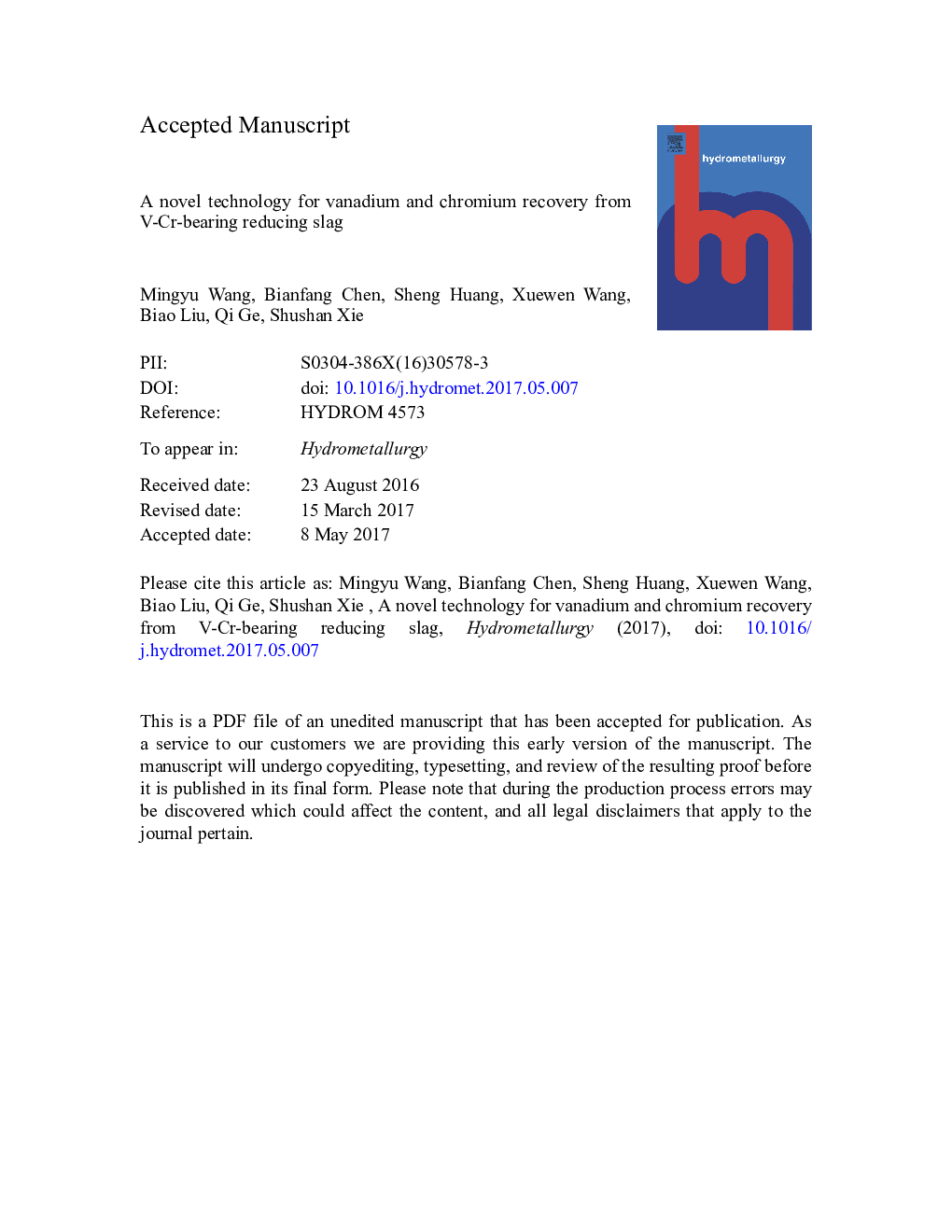 A novel technology for vanadium and chromium recovery from V-Cr-bearing reducing slag