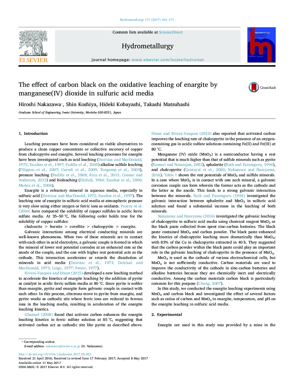 The effect of carbon black on the oxidative leaching of enargite by manganese(IV) dioxide in sulfuric acid media