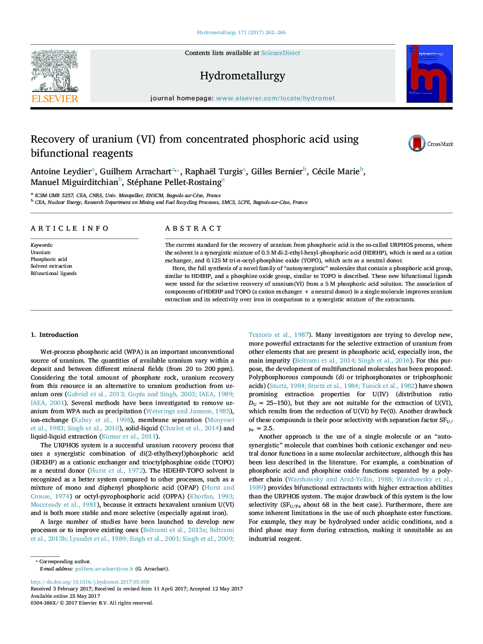 Recovery of uranium (VI) from concentrated phosphoric acid using bifunctional reagents