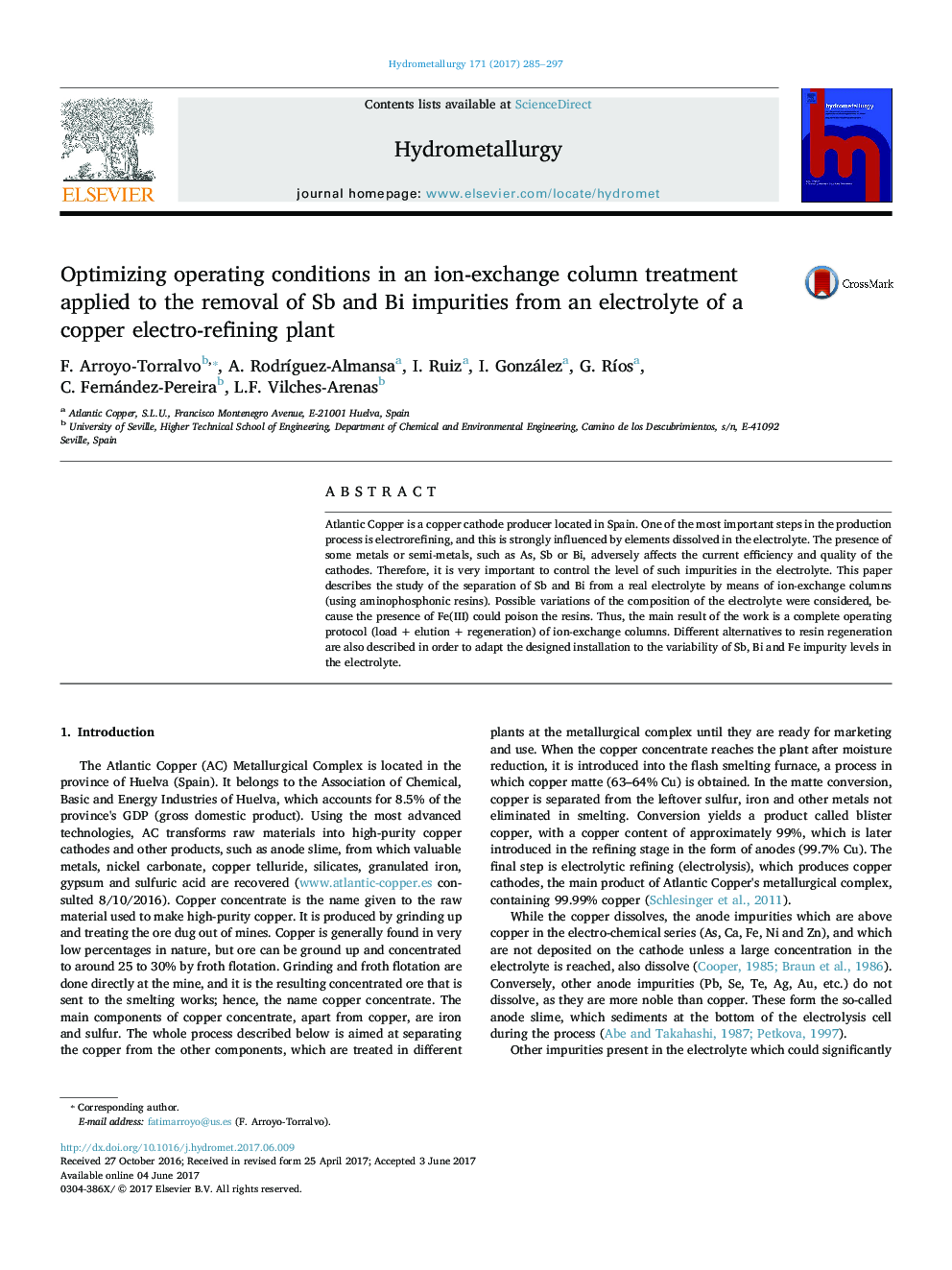 Optimizing operating conditions in an ion-exchange column treatment applied to the removal of Sb and Bi impurities from an electrolyte of a copper electro-refining plant