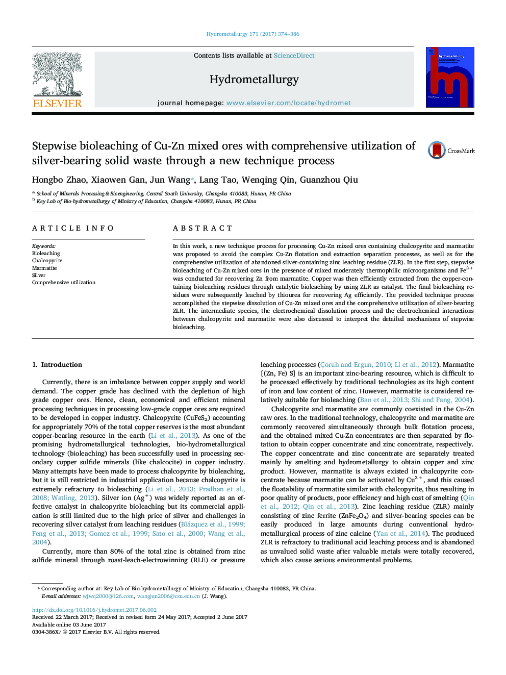 Stepwise bioleaching of Cu-Zn mixed ores with comprehensive utilization of silver-bearing solid waste through a new technique process