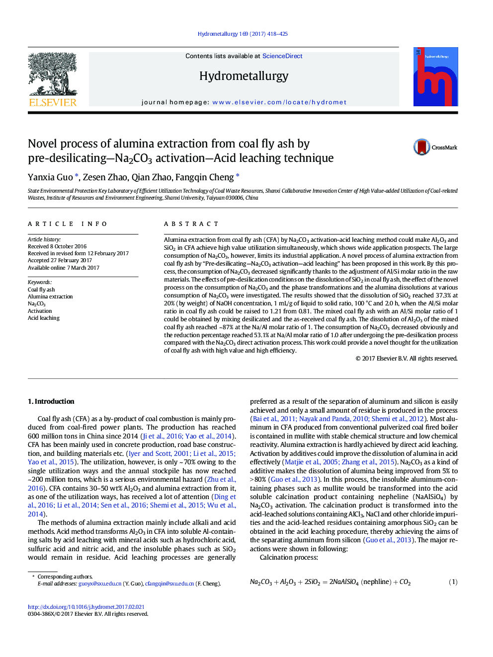 Novel process of alumina extraction from coal fly ash by pre-desilicating-Na2CO3 activation-Acid leaching technique